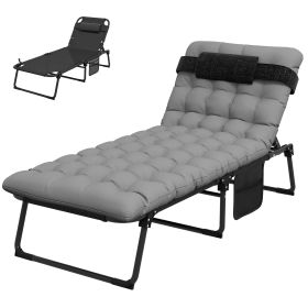 Outsunny Adjustable Lounger Delight: Foldable Gray Chaise with Magazine Pouch